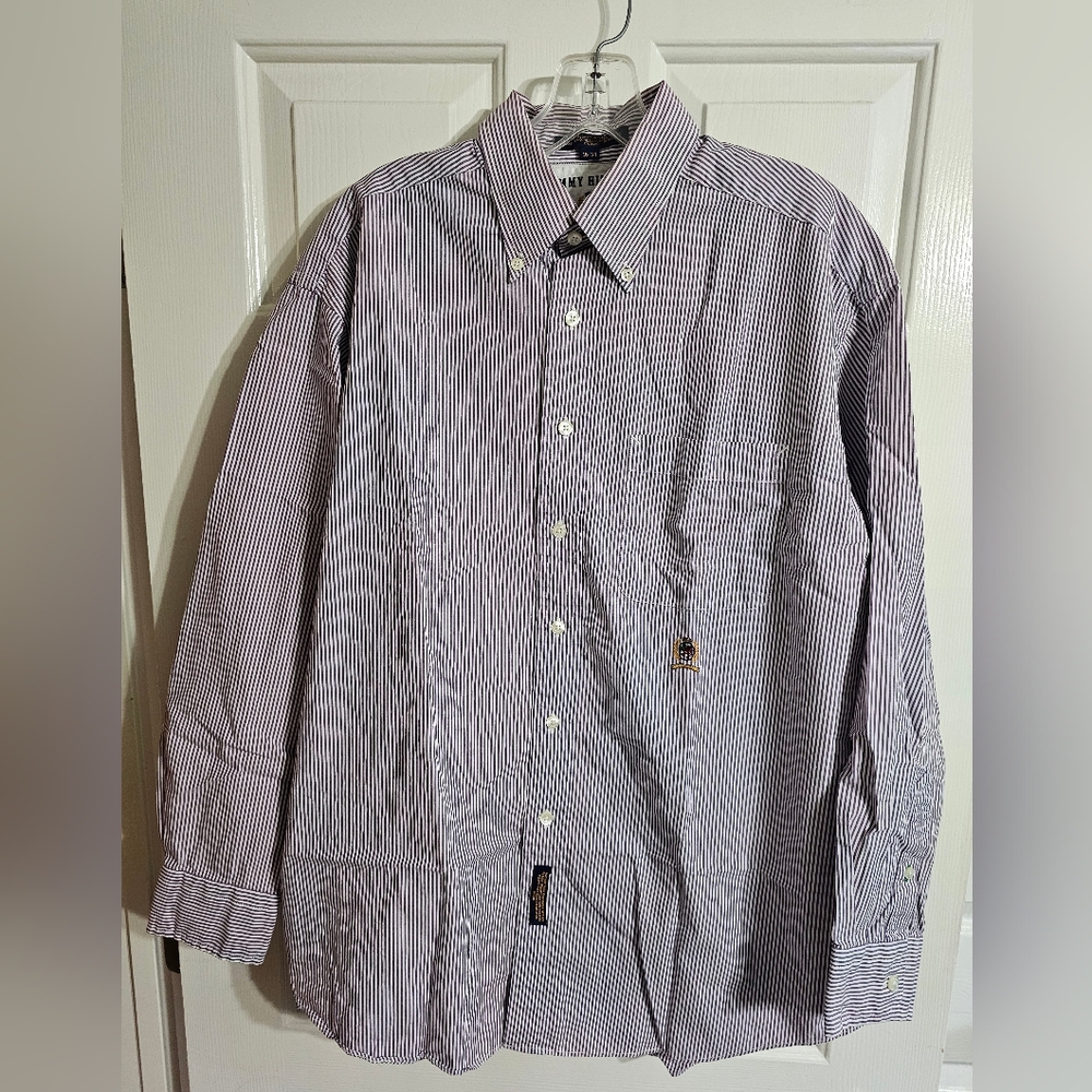 Tommy Hilfiger Large 16/34 Vintage 90s White Purple Pinstripe Crest Shirt Preppy - Picture 2 of 8